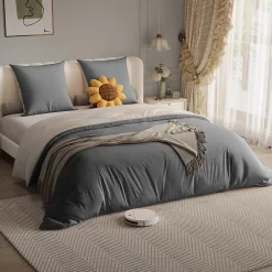 140X200 Parure de lit 4 pièces, lit double, grand lit, 1 housse de couette, 1 drap-housse et 2 taies d'oreiller,gris