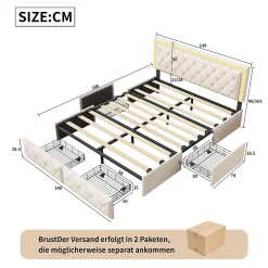140X200MM Lit d'ameublement avec fonction de chargement USB et partie de tête LED et 4 tiroirs,sans matelas
