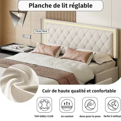 140X200MM Lit d'ameublement avec fonction de chargement USB et partie de tête LED et 4 tiroirs,sans matelas