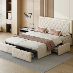 140X200MM Lit d'ameublement avec fonction de chargement USB et partie de tête LED et 4 tiroirs,sans matelas