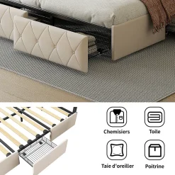 140X200MM Lit d'ameublement avec fonction de chargement USB et partie de tête LED et 4 tiroirs,sans matelas